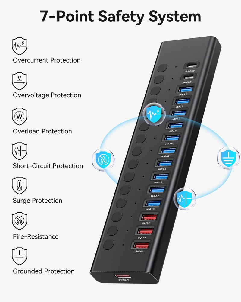 Powered USB Hub, 16-Port USB C Hub Splitter (10 USB 3.0+2 Quick Charging+2 Smart Charging+2 USB C) with Individual Switches, 90W Power Adapter for PC