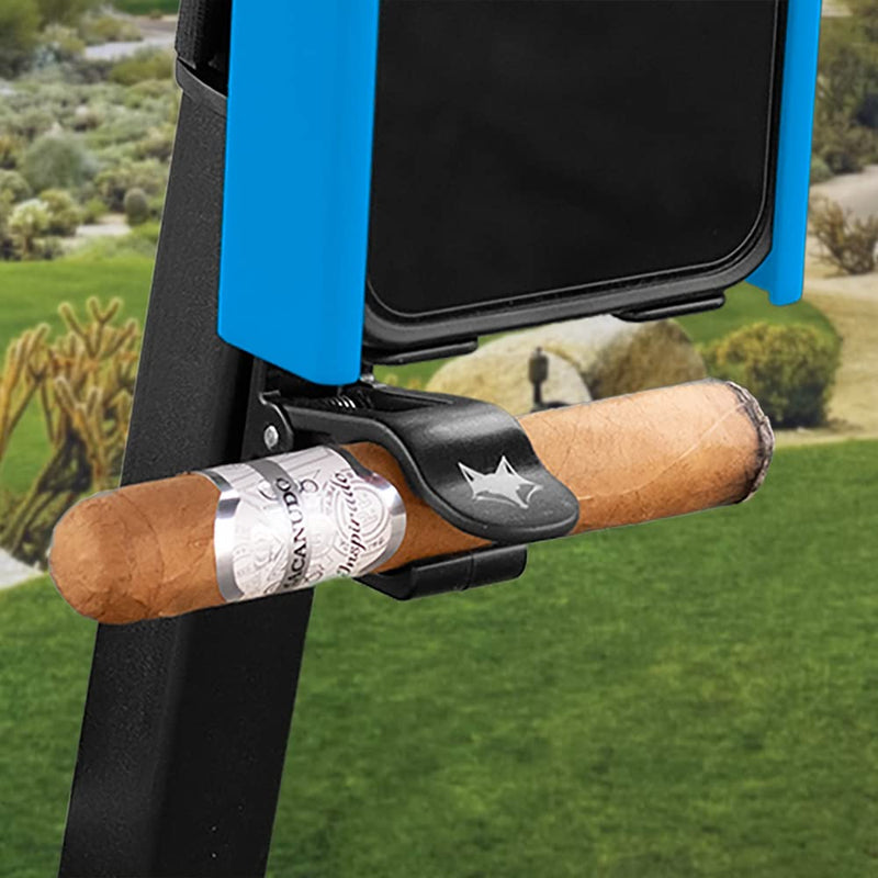 Desert Fox Golf Phone Caddy + Cigar Holder – Adjustable Golf Cart Phone Mount with Secure Cigar Clip – Hands-Free GPS & Golf App Access – Fits All Phones & Cigars (Blue) Blue