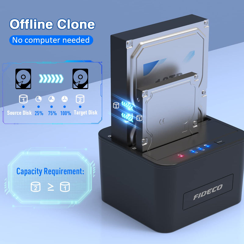FIDECO Hard Drive Docking Station, USB 3.0 SATA HDD Docking Station for 2.5 & 3.5 inch SATA HDD/SSD, Dual Bay, Support Offline Clone and UASP