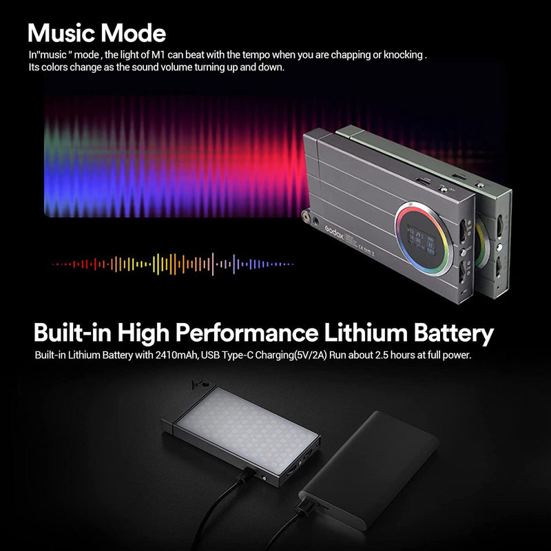 Godox M1 RGB LED Full Color Video Light,Pocket Size RGB Mini Video Light，13W 2500k-8500k Adjustable,CRI97 TLCT97,Music Beats Light Function and 40 FX Lighting Effects with Aluminum Alloy Shell(Gray) Gray