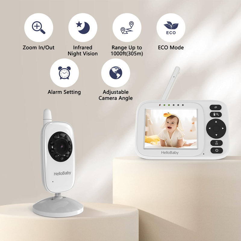 HelloBaby Baby Monitor No WiFi,Video Baby Monitor with Camera and Audio,3.2'' IPS Screen, Manual Baby Camera Adjustment, Night Vision, 1000ft/305m Range, ECO/VOX, Feeding Reminder, USB Charging Cable HB2438
