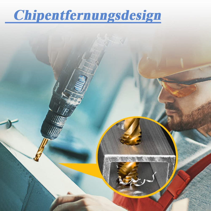Mesee 9 pieces spiral tap, HSS titanium coated tap, spiral groove drill machine tap set, metric thread steel tap set tools - M2 M2.5 M3 M4 M5 M6 M8 M10 M12