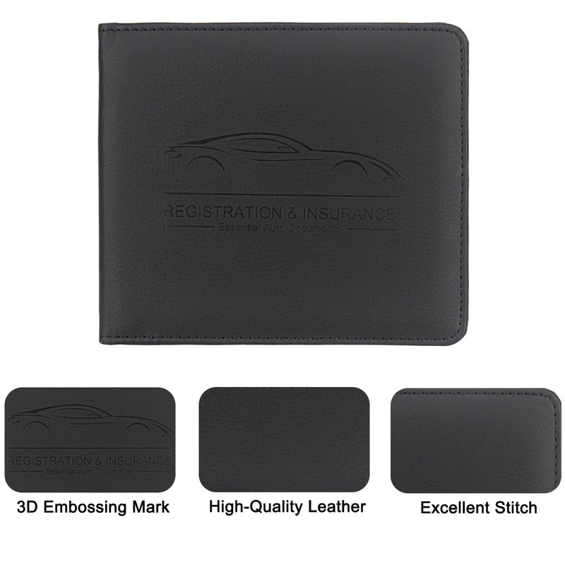 Car Registration and Insurance Holder, Leather Registration and Insurance Card Holder, Vehicle Glove Box Organizer - For Documents, Cards, License (Black) Black