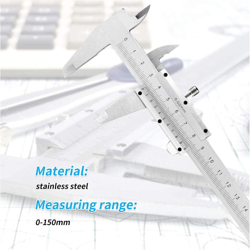 150 mm vernier caliper, stainless steel caliper, precision caliper with locking screw, vernier caliper, caliper caliper with steel ruler, cleaning cloth A