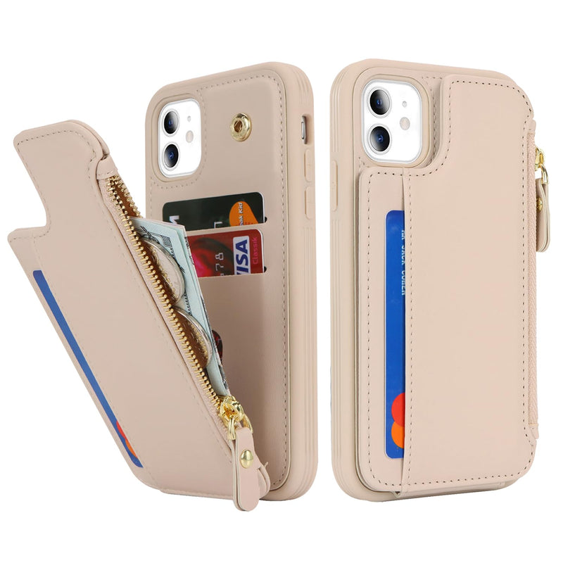 Cavor for iPhone 11 Case with Card Holder,iPhone 11 Wallet Case for Women Men,Phone Case iPhone 11 Case with Wallet,Leather Magnetic Clasp Zipper Pocket Card Slots Cover-Cream Cream
