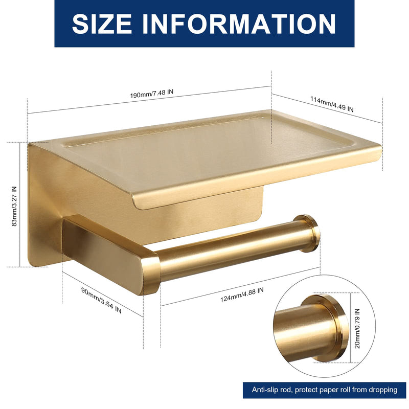 NearMoon Toilet Paper Holder with Shelf, Heavy Duty Bath Toilet Roll Holder with Phone Shelf Tissue Hanger for Bathroom/Kitchen No Drill or Wall Mounted(304 Stainless Steel, Brushed Gold)