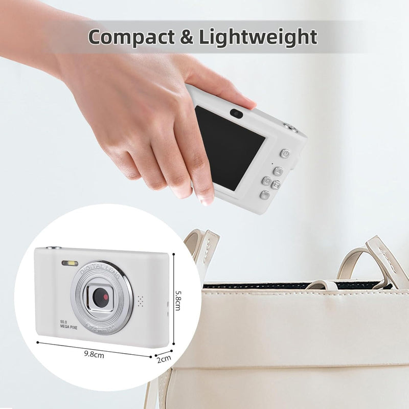 4K Digital Camera, FHD 1080P Kids Camera, 50MP Point and Shoot Camera with 16X Zoom Anti Shake, Compact Portable Small Camera for Girls Boys Teen Student with 32GB Micro SD Card, 1x Batteries White