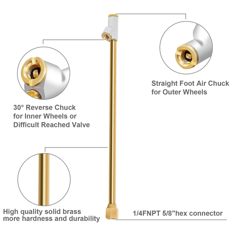 GODESON Air Chuck for Semi Truck, 1/4" FNPT 11.8" Extended Reach Dual Head Brass Air Chuck with Brass Quick Plug, 2-Way Connect Air Chuck for Semi, RV Dually Tires 11.8" Dual Head