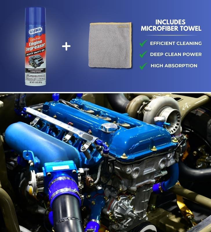 Gunk Engine Degreaser Gel 15 oz Bundle with Microfiber Cloth - Heavy Duty Engine Cleaner for Removing Baked-On Grease and Oil from Hot Engines - (2 Items)