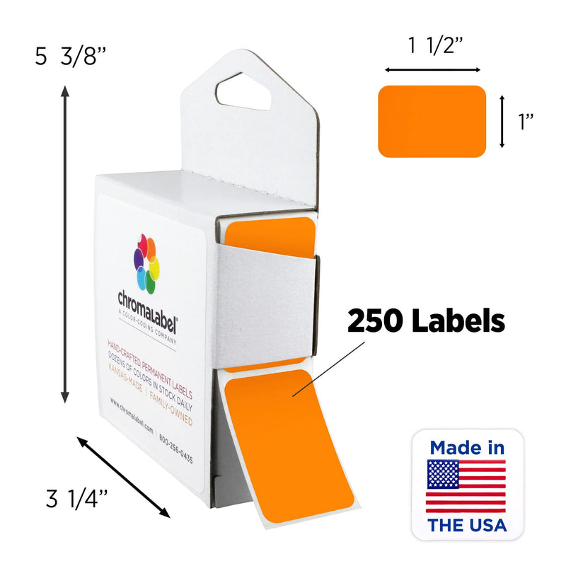 ChromaLabel 1 x 1.50 Inch Permanent Color Code Rectangle Labels, 250 Labels per Dispenser Box, Orange 1" x 1-1/2"