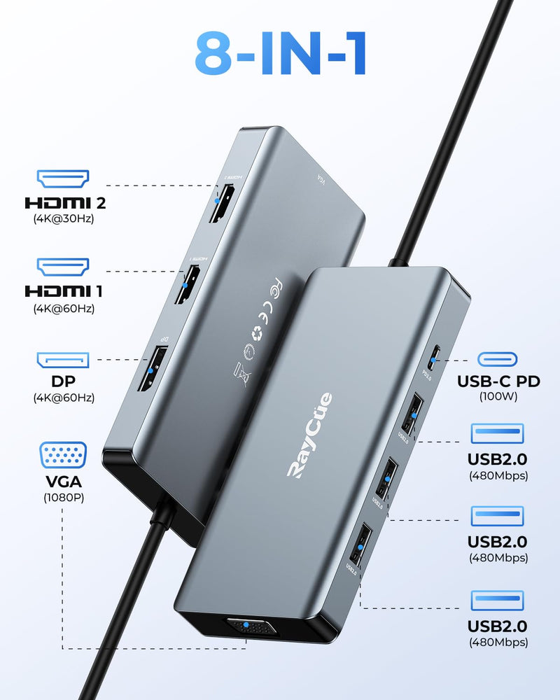 USB C Docking Station Dual Monitor Adapter, 8 in 1 Laptop Docking Station 3 Monitors Quadruple Display USB C Hub Dongle to 4K HDMI+DP+VGA Silver