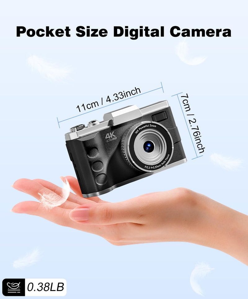 4K Digital Camera for Photography - Autofocus 64MP Vlogging Camera for YouTube Video, Dual Camera, Anti-Shake, 16X Zoom Compact Travel Cameras for Teens with 2 Batteries, 32GB Card (Black) Black