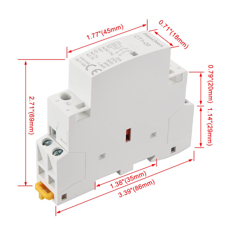 Heschen Household AC Contactor CT1-20 Ie 20A 2 Pin Two Normal Open 220V Coil Voltage 35mm DIN Rail Mounting
