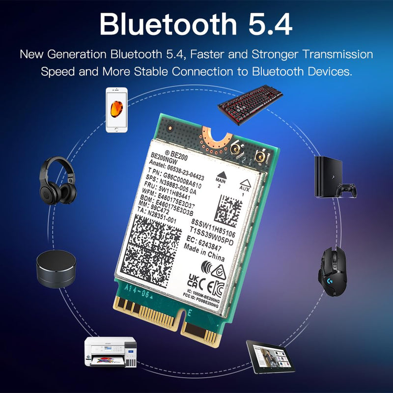 BE200NGW WiFi 7 Wireless Card, M.2 NGFF,WiFi 7 BE200 Tri-Band Network Adapter with 8774Mbps Speed and BT5.4 WiFi Card for PC,Not Support AMD for Windows 10/11