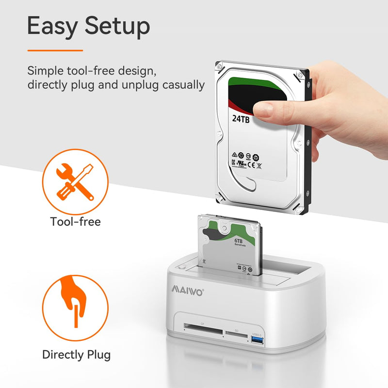 MAIWO SATA to USB 3.0 Dual-Bay Hard Drive Docking Station with Offline Clone for 2.5 & 3.5-inch HDD/SSD, Hard Drive Dock with CF/SD Card Reader, Support 2*24TB, White