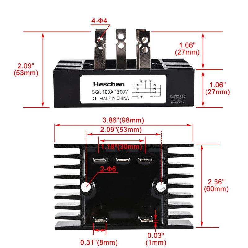 Heschen 3-phase bridge rectifier, SQL-100A, diode module 100A, 5 terminals