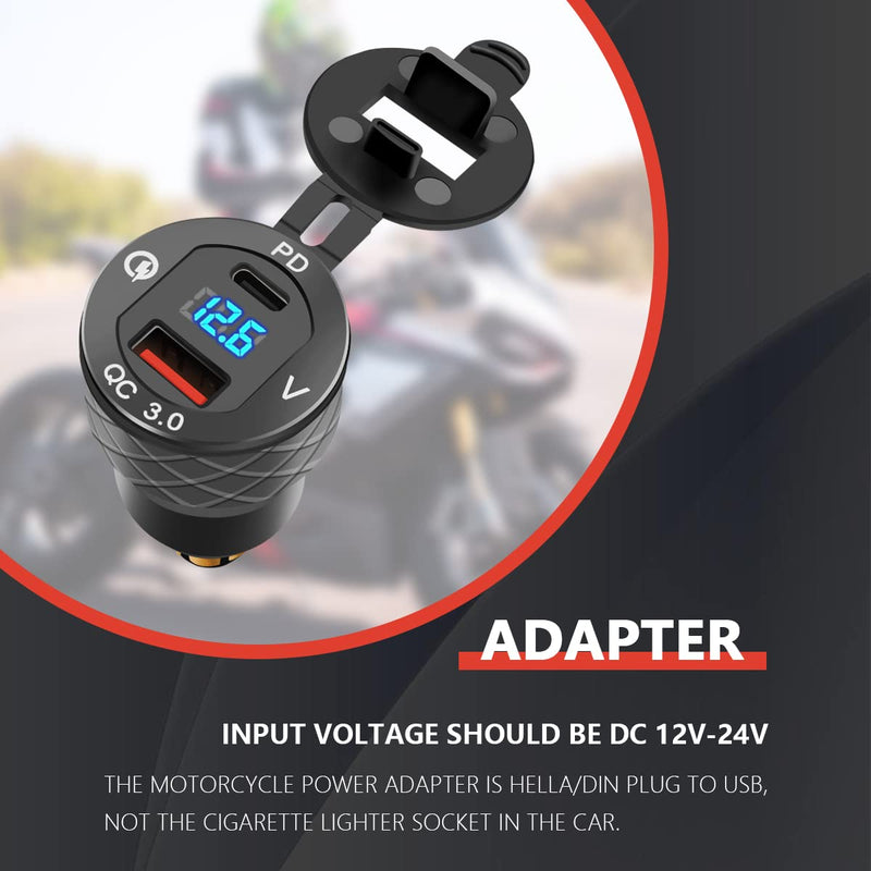 Motorcycle Power Adapter USB C 30W PD3.0 Aluminum Alloy Quick Charge Aluminum Voltmeter for 12V-24V Ducati Triumph Motorcycle and More Style Motorcycles