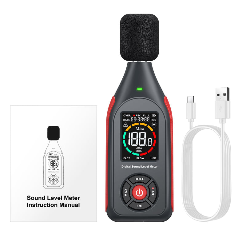 BINTA Decibel Meter Sound Level Meter 30dB to 130dB | With data acquisition and graphic printing, 43,000 data sets, A/C weighted, MAX, 3-colour alarm for DIY shops