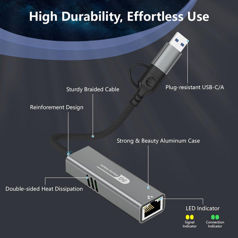 USB to Ethernet Adapter 5Gbps, Aluminum Driver Free USB-C to RJ45 5000Mbps Gigabit Ethernet LAN Network Adapter for iPhone 17/16,iPad,Galaxy,Switch,Laptop,PC, MacBook,Windows,MacOS,Linux 5Gbps USB-C/USB 3.0 to Ethernet Adapter