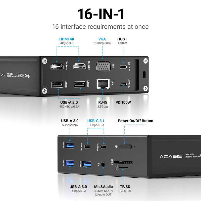 ACASIS USB C Docking Station Dual Monitor,16-in-1 Laptpop Docking Station with 2* HDMI,VGA,2.5G Ethernet,SD/TF,10Gbps USB-C 3.1,3.5mm Audio,PD100W,USBC Hub for MacBook/Dell/Lenovo/HP/ThinkPad (Black) Black