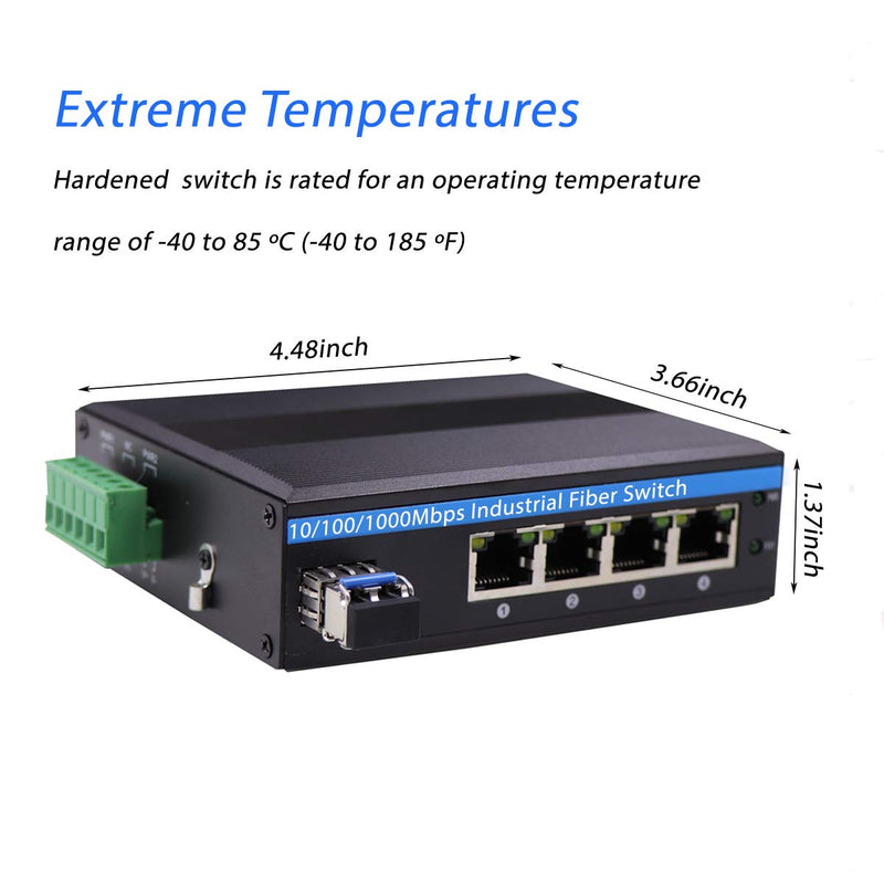 Harsh Outdoor 5-Port Gigabit Ethernet Fiber Converter, Industrial DIN-Rail Network Switch, 100/1000Base-T to LC, Up to 20KM(with SFP Transceiver), IP40, Extreme Heat -40°～ 85°C (-40°～ 185°F)
