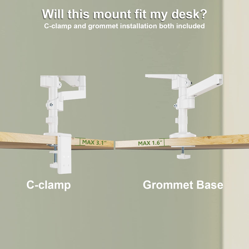 WALI Dual Monitor Mount, Adjustable Gas Spring Arms Desk Mount for 2 Monitors up to 32 inch, 17.6lbs Weight Capacity, Mounting Holes 75 x 75mm or 100 x 100mm (GSDM002W), White 32inch
