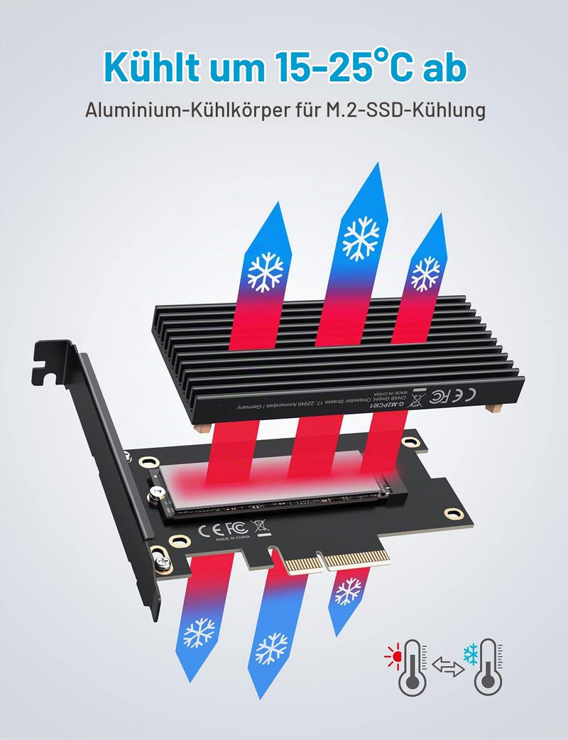 GRAUGEAR PCIe M2 Adapter Card for NVMe SSD M.2 PCIe 4.0x4 [Big Aluminum Cooler] | PCIe M2 Adapter NVMe Card for M.2 SSD PCIe 4.0x4, 64 Gbps, Compatible with M2 SSD M-Key of Lengths 2280, 2260, 2242, 2230