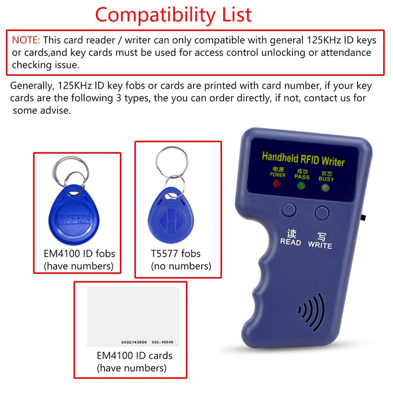 Portable 125KHz Access Card Duplicator with 10 Writable EM4305 T5577 Keychains, Access Control Reader, Not for 13.56MHz and HID