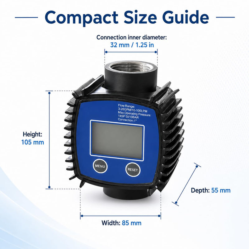 Digital Flow Meter, Turbine Flow Meter, Digital Display, High Precision Water, Diesel Flow Meter, 1 Inch Internal Thread, Digital Display Meter, 5-120 Litres/Minute