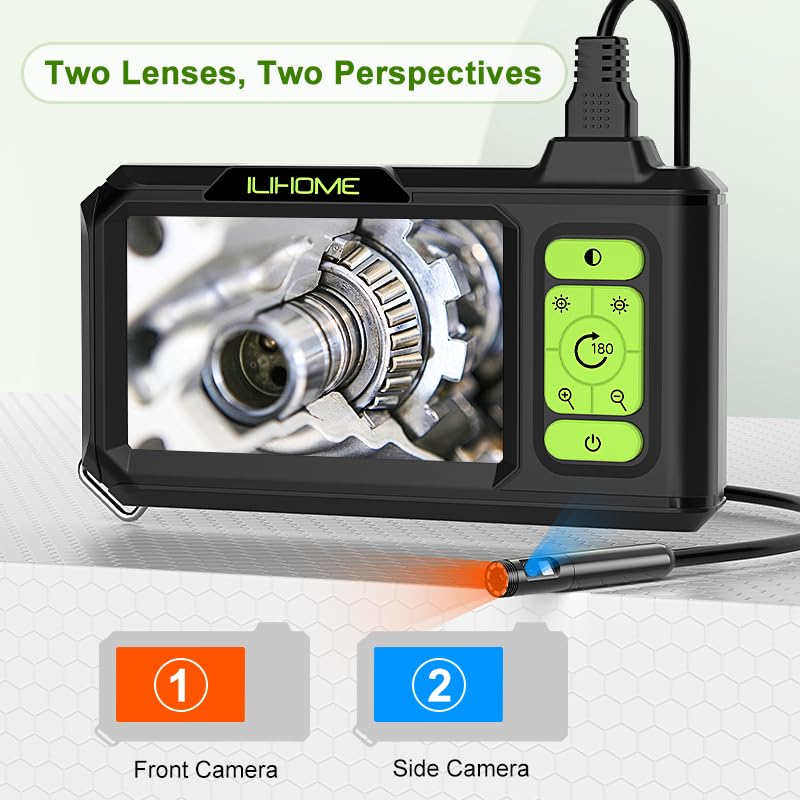 Dual Lens Borescope with Light, 1080P Industrial Endoscope Inspection Camera, 7.9mm IP67 Waterproof, Sewer Camera with 4.3" IPS Screen,8 LED Lights,16.5FT Semi-Rigid Cable. A1