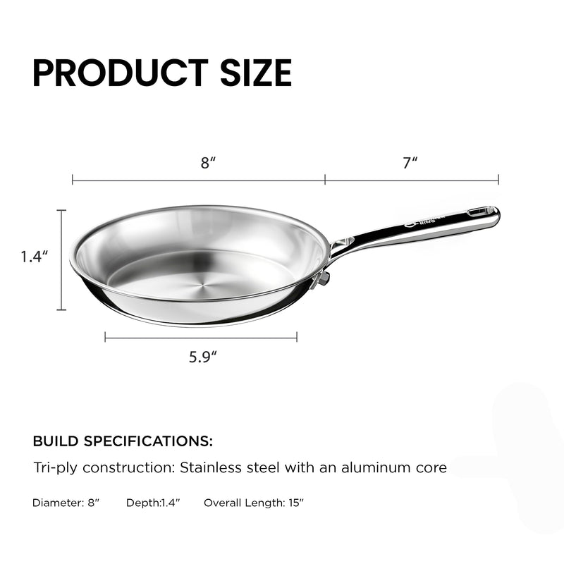 COOKER KING 8 Inch Stainless Steel Frying Pan, Small Omelette Pan, Induction Pan, Rivetless & Non-Toxic, Fast & Even Heating, Oven & Dishwasher Safe, Metal Utensil Safe, Perfect for Eggs and Omelets