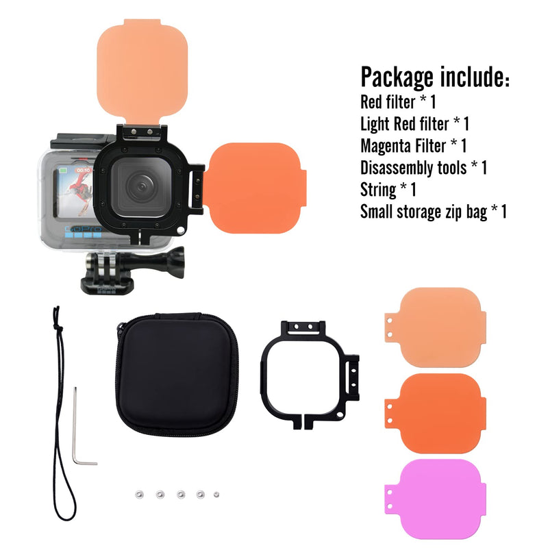 3 Pack Dive Filter Lens for Gopro Hero 8/9/10/11/12 Official Underwater Diving Waterproof Housing Protective Shell Red, Light Red, Magenta