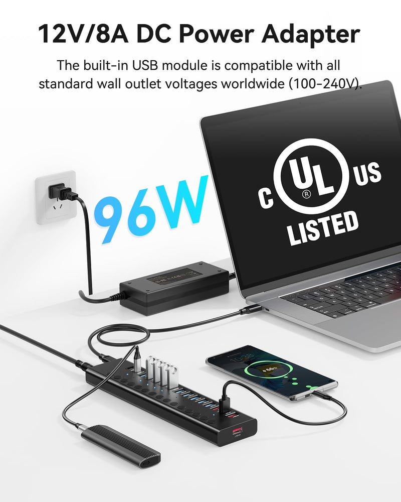 Powered USB Hub, 16-Port USB C Hub Splitter (10 USB 3.0+2 Quick Charging+2 Smart Charging+2 USB C) with Individual Switches, 90W Power Adapter for PC