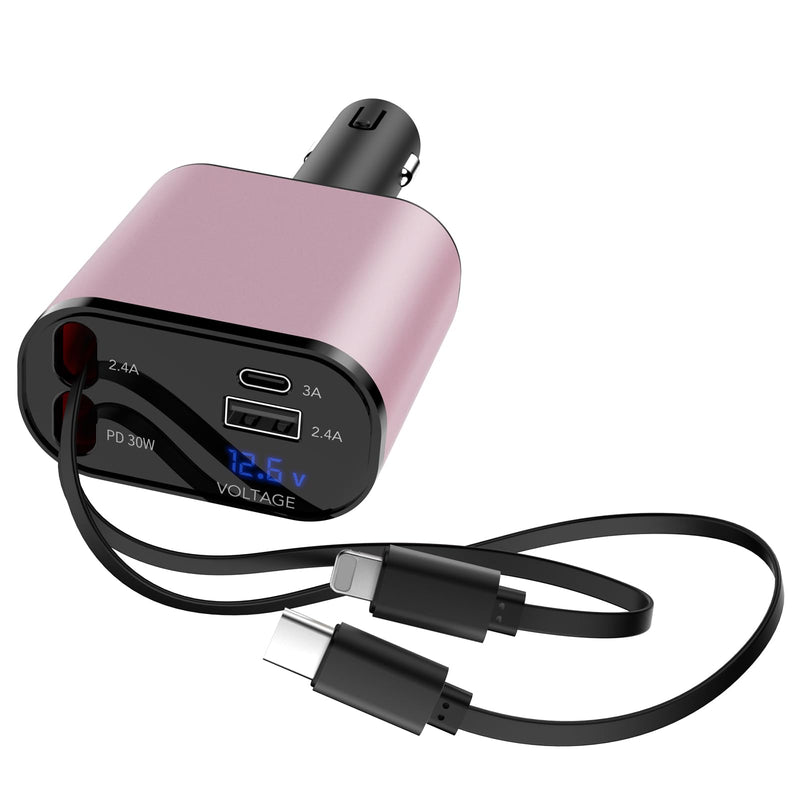 Retractable Car Charger, 4 in 1 Fast Car Phone Charger 66W, 2 Retractable Cables and USB Car Charger, USB C Car Charger for iPhone 15/14/13/12/11, Galaxy, Pixel Type C+Lightning (Pink)