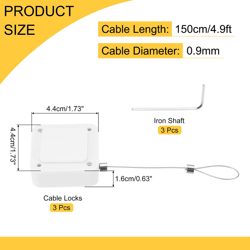 MECCANIXITY 4.9 ft Retractable Cable Lock with Latch Remote Control Security Lock with Adjustable Cord Tether Anti Theft for Laptop, TV, 600g, White, 3 Pack 4.9ft