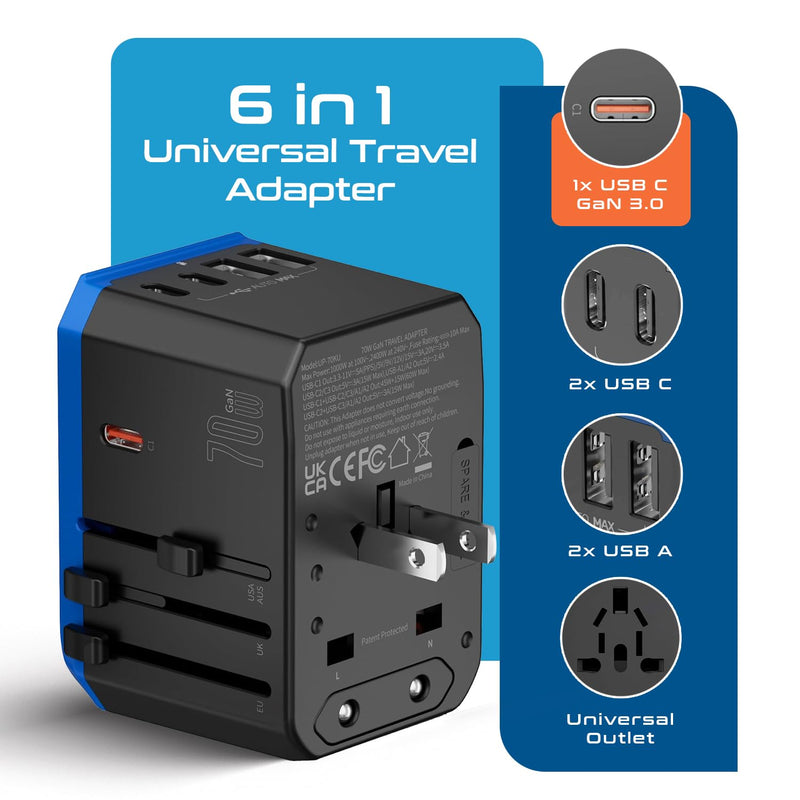 Ceptics 70W World International Travel Plug Adapter - Powerful GaN Tech with Pd & QC 3.0 Dual 3X USB-C Power - 2 USB Ports Wall Charger Type I C G A Outlets 110V 220V A/C - EU Euro US UK (70-KU) 1 Pack Universal Travel Adapter 70W