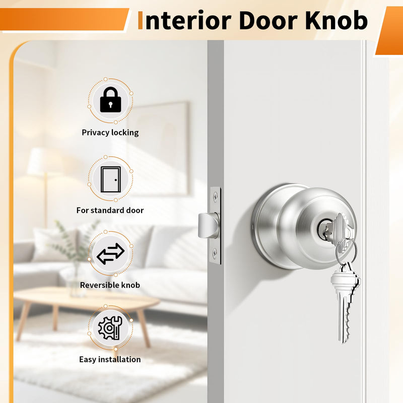 Probrico Keyed Alike Door Knobs with Lock and Key, Exterior Door Locks, Flat Ball Knob Style, Brushed Nickel, 2 Pack