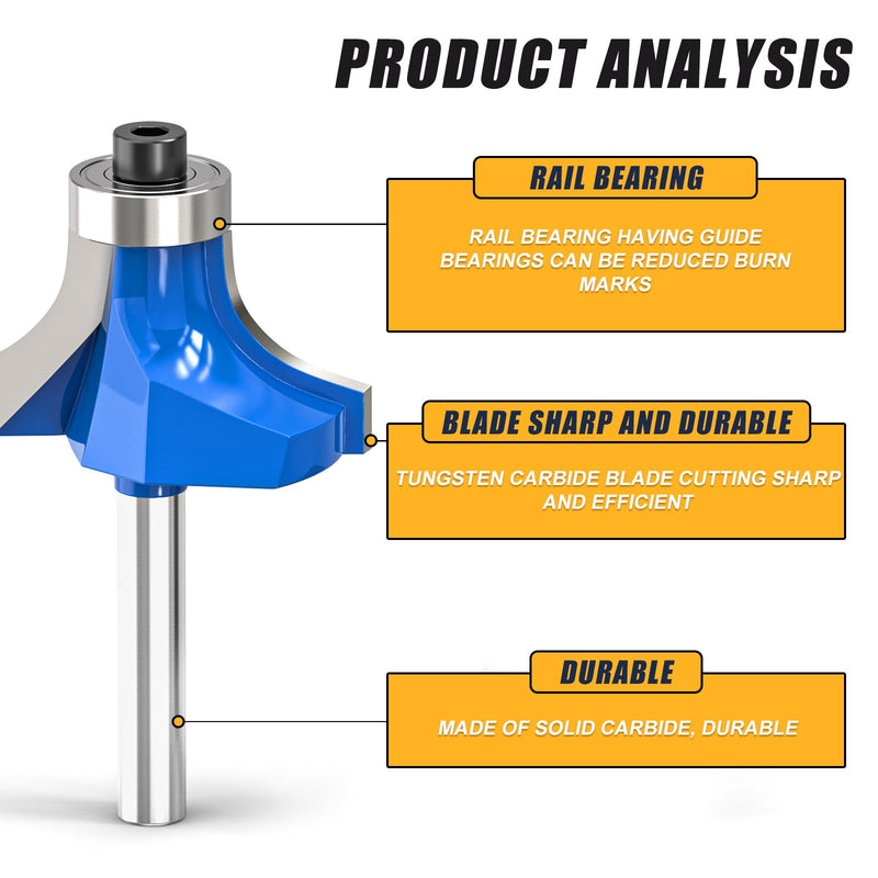 7Pcs 1/4" Inch Shanks Roundover Edging Router Bit Set,Round Radius: 1/2",3/8",5/16",1/4",7/32",3/16",1/8" Shank 1/4" 7PCS