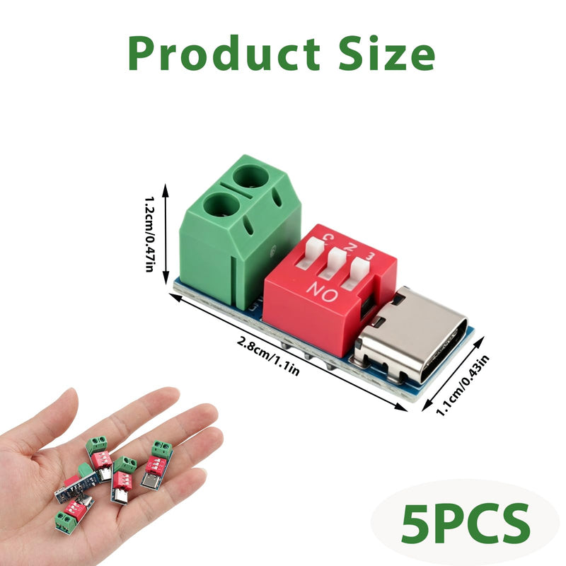 Pack of 5 USB C PD Trigger Board Module, Adjustable USB C 5V Module, PD/QC Decoy Board with DIP Switch, PCB Converter Board USB C, Quick Charge Module USB C, PD Quick Charge Test Board