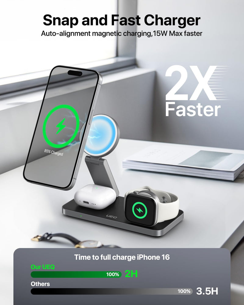 Foldable 3 in 1 Wireless Charging Station for Apple Compatible with Magsafe Charger Stand,Magnetic Wireless Charger Station for iPhone 16 15 14 13 12 Series,Airpods Pro,Apple Watch(Black) Black
