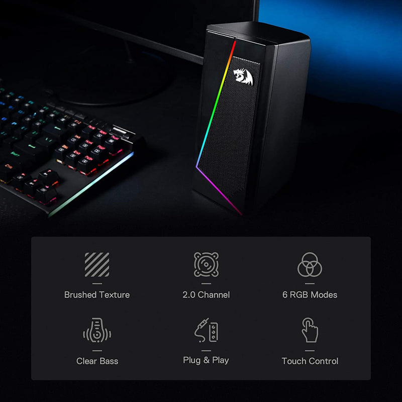 Redragon GS520 RGB Desktop Speakers, 2.0 Channel PC Computer Stereo Speaker with 6 Colorful LED Modes, Enhanced Sound and Easy-Access Volume Control, USB Powered w/ 3.5mm Cable Black
