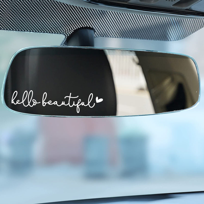 3x Hello Beautiful Rearview Mirror Decal, Vanity Mirror Stickers, Rear View Mirror Vinyl Decal, Car Accessories Gifts, Car Decal For Women, Car Window Decal, Self Affirmations Decal White