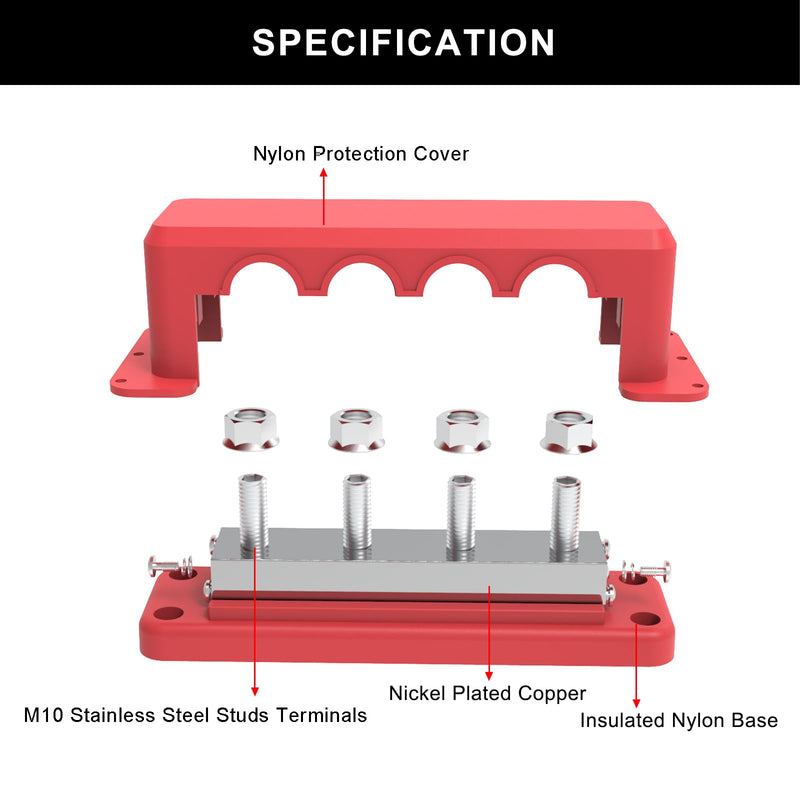 600A Bus Bar 12V Power Distribution Block with 3/8" (M10) 4-Posts Heavy Duty Terminals Block with Cover for Automotive, Marine, Battery System (Red) 3/8" - Red
