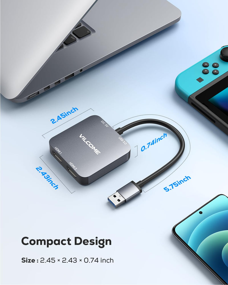 vilcome USB to HDMI Adapter, USB 3.0 to Dual HDMI Adapter with USB 3.0 Port, HDMI to USB Audio Video Graphics Converter Cable for Laptop Monitor Desktop TV, Compatible with Mac OS, Windows Dark Gray