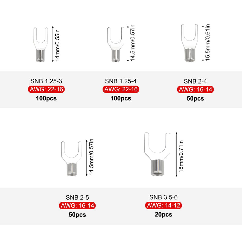 YIXISI 320 pieces non-insulated fork wire terminals kit, fork cable lugs crimp connector, copper lugs fork terminals connector, AWG 22-16 16-14 14-12