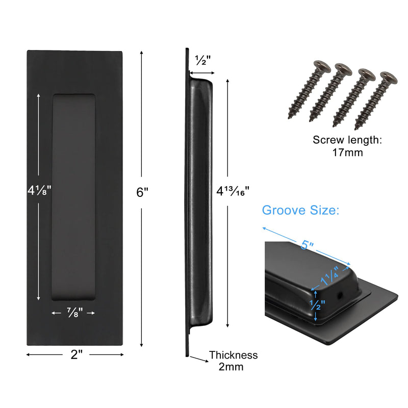 Malimali Recessed Finger Flush Pulls - 6 Inch Matte Black Stainless Steel Rectangular Door Pull Hardware (4 Pack) for Pocket, Closet Sliding and Barn Door Stainless Steel Black (4 Pack)