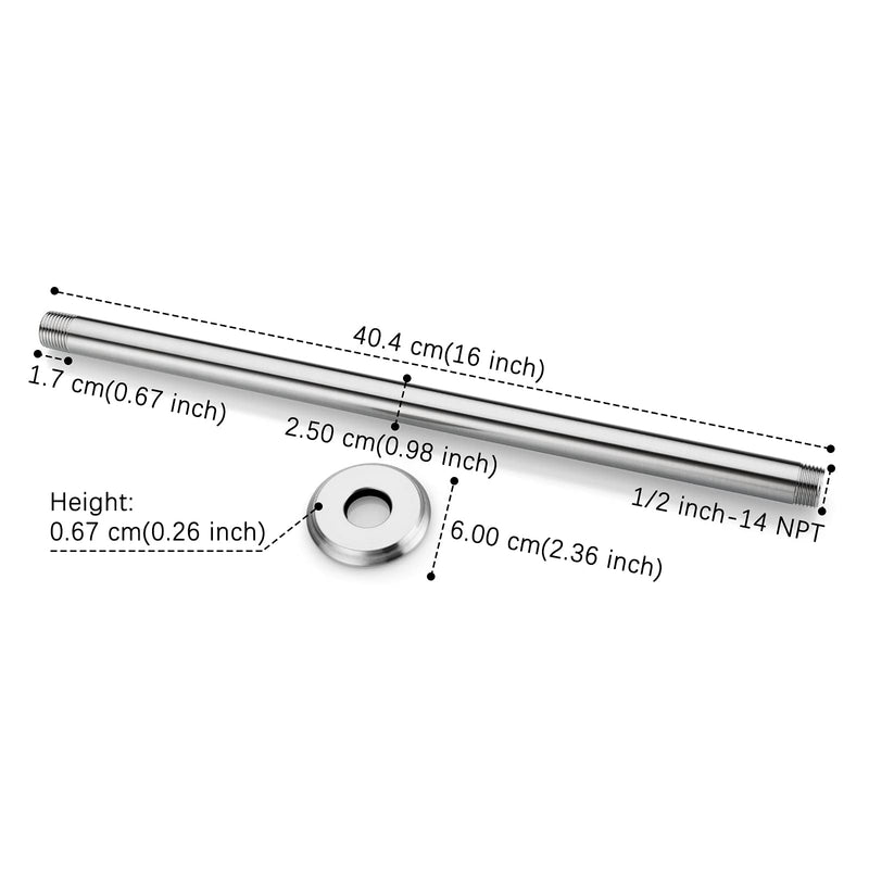 16 Inch Shower Arm and Flange Brushed Nickel, Ceiling Mounted Shower Arm for Rain Shower Head 16 Inches