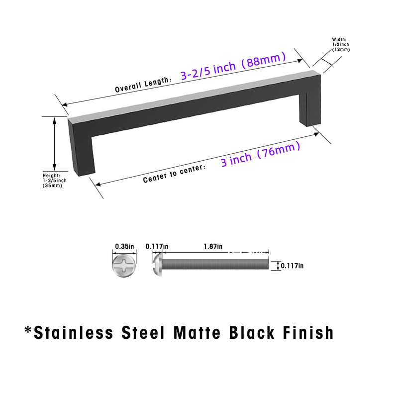 20 Pack 3 Inch (76mm) Hole to Hole Center Matte Black Cabinet Pulls Stainless Steel Kitchen Cabinet Handles - Square Dresser Handles Drawer Pulls 3inch(76mm) Hole Center 20