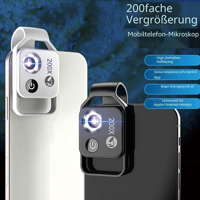 200x Cell Phone Microscope Lens with LED Light, Portable Digital Microscope for Kids, Handheld Microscope, Dermatoscope, Skin Diagnostic, Hair Analyzer black