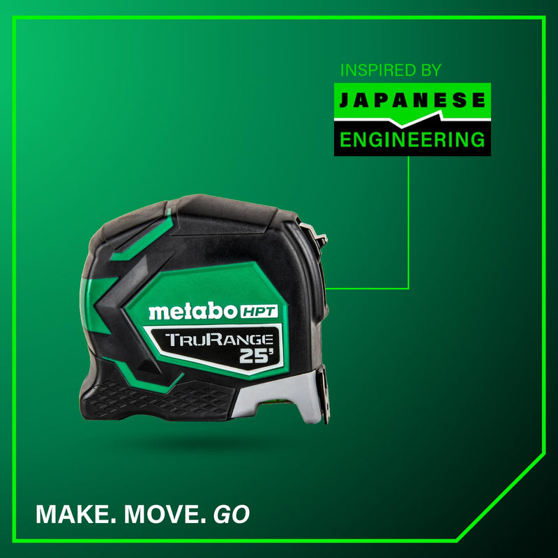 Metabo HPT 25 TruRange Measuring Tape, Green Blade, 115925M | Nylon Coated Steel, Lightweight Design, High Visibility, 17-ft Long Reach, 1/8-in Incremental Fractions 7.6 m